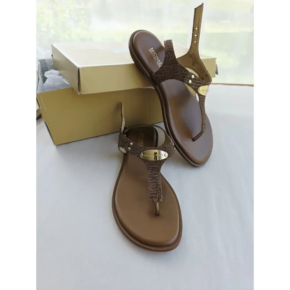 NIB NEW Women's 6.5 MICHAEL KORS Plate Slingback Thong Sandals Monogram Copper